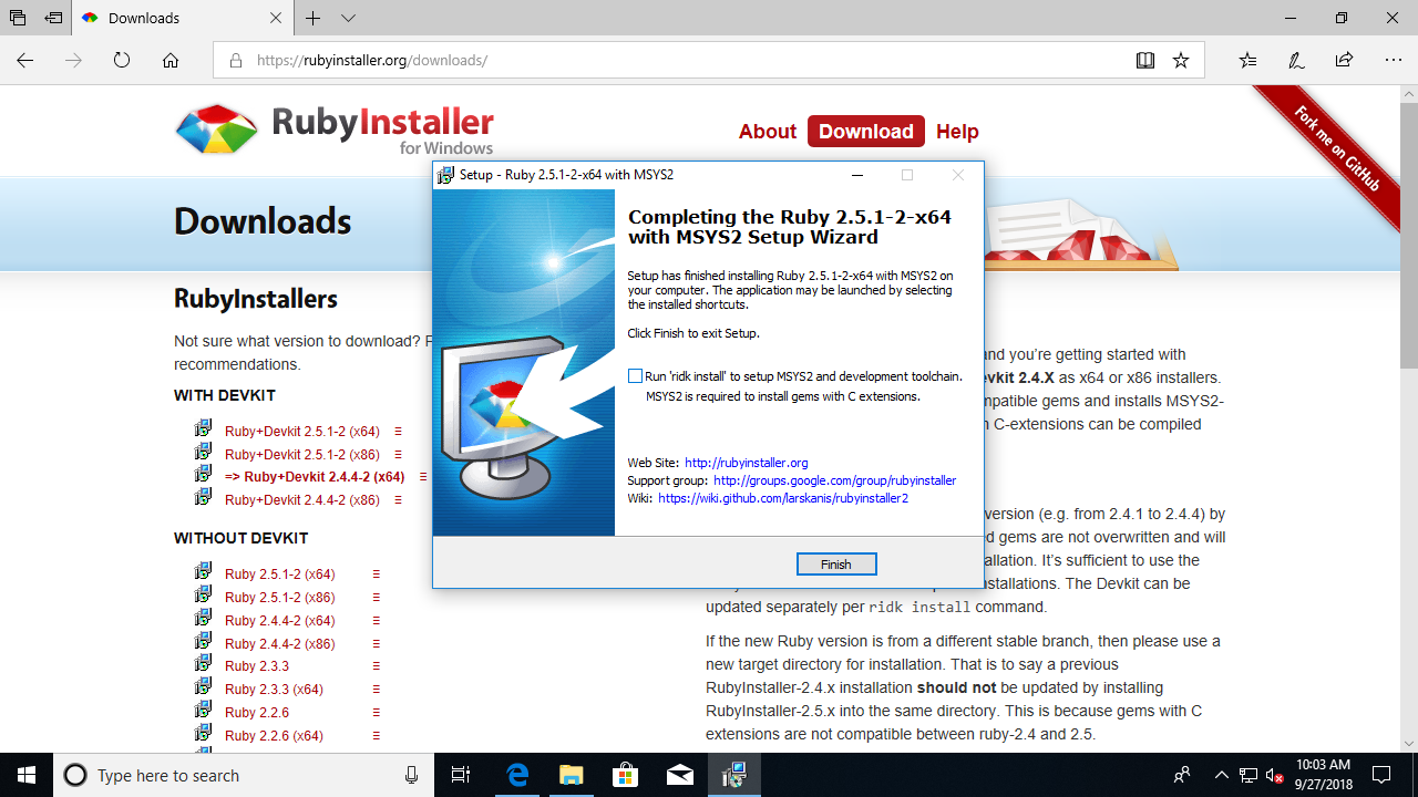 Ruby Installer: MSYS2-Setup überspringen