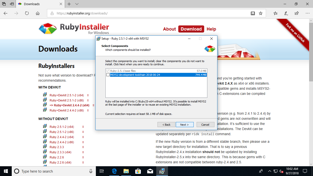 Ruby Installer: Komponenten auswählen