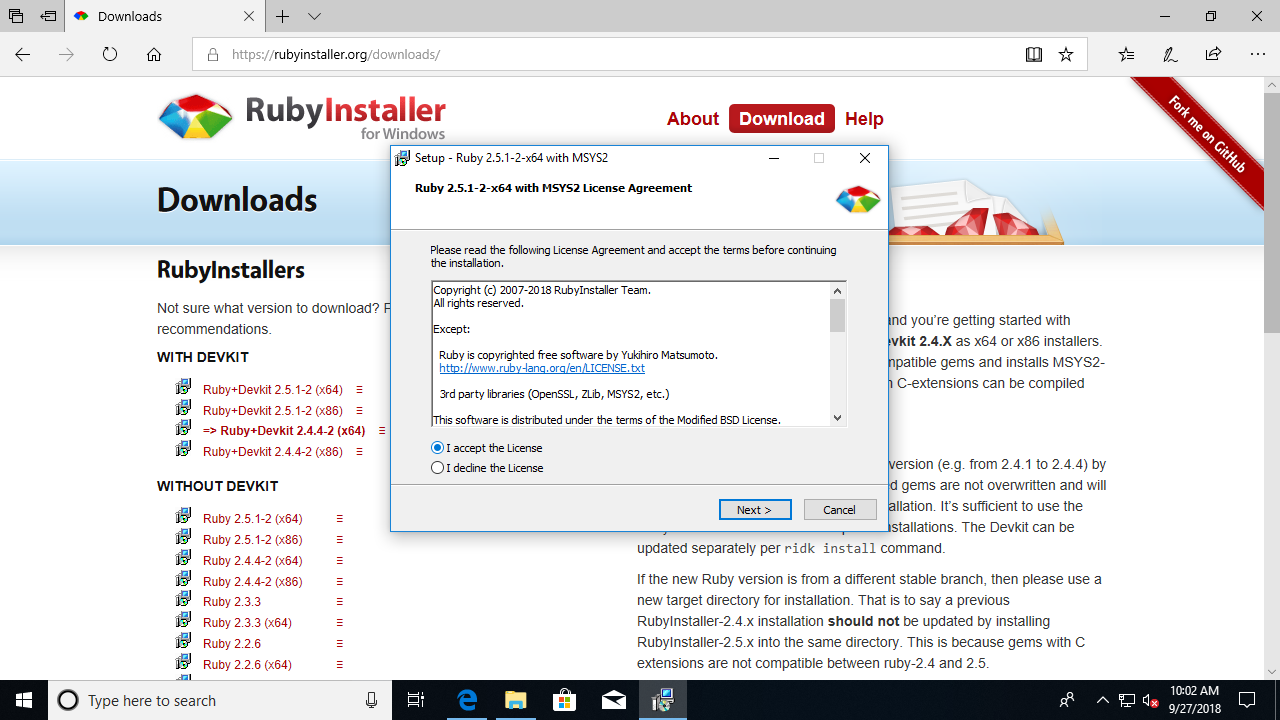 Ruby installieren: Lizenz bestätigen